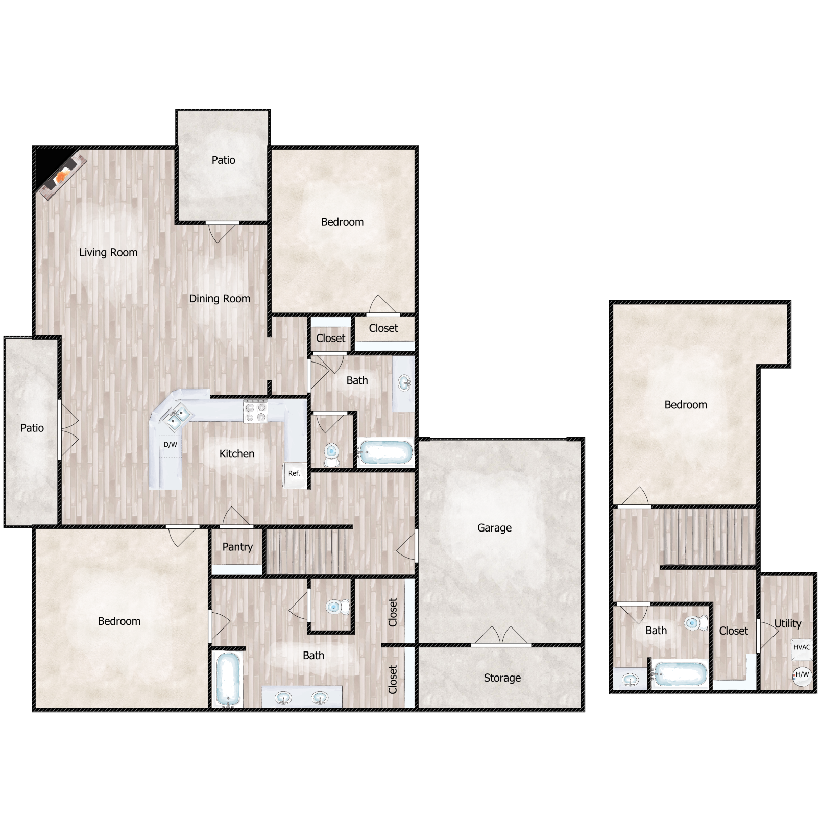 Floor plan for 3 beds, 3 baths, 2000 sqft